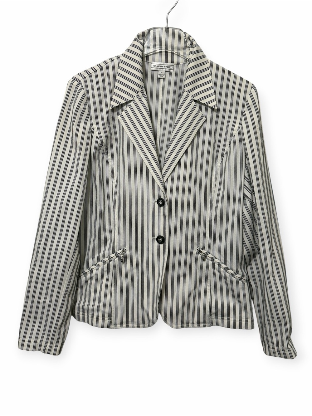 St. John Sport Black White Striped Seersucker Blazer Jacket Size M